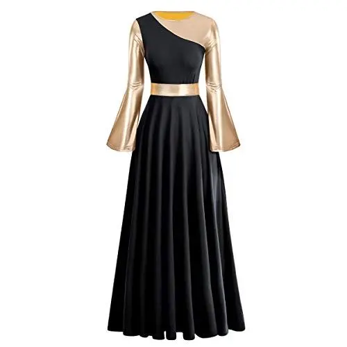 Produktbild: FYMNSI Damen Maxikleid Liturgisch Lob Tanzkleid Ballkleid Langarm Partykleid Tanzkleidung Glänzend Metallic Glockenärmel Freizeitkleid Walzer Tango Ballettkleid Swing Langes Cocktailkleid Schwarz M
