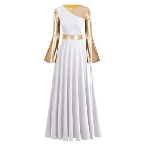 Produktbild: FYMNSI Damen Maxikleid Liturgisch Lob Tanzkleid Ballkleid Langarm Partykleid Tanzkleidung Glänzend Metallic Glockenärmel Freizeitkleid Walzer Tango Ballettkleid Swing Langes Cocktailkleid Weiß M