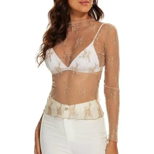 Produktbild: FYMNSI Damen Mesh Oberteile Transparentes Durchsichtige Tops Sexy Langarmshirt Bluse Tunika Elegant Spitzen Blumen Sheer Mesh D?nne Netz T-Shirt Casual Shirts Blusenshirt Sommertop Aprikose M