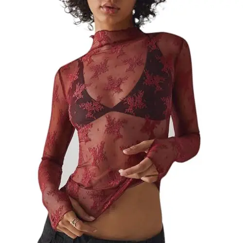 Produktbild: FYMNSI Damen Mesh Oberteile Transparentes Durchsichtige Tops Sexy Langarmshirt Bluse Tunika Elegant Spitzen Blumen Sheer Mesh D?nne Netz T-Shirt Casual Shirts Blusenshirt Sommertop Weinrot S