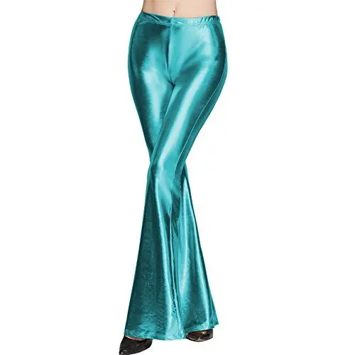 Produktbild: FYMNSI Damen Metallic Glänz Schlaghose Weite Bein Palazzo Hosen Hoher Bund Boot Cut Glitzer Lange Hose Schlanke Leggins Einfarbig Wet Look Stretch Leggings Tanzhosen Party Disco Clubwear Blauer See XL