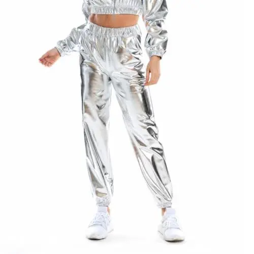 Produktbild: FYMNSI Damen Metallic Gl�nzed Hose Silver Outfit Elastischer Bund Sporthose Locker Holographische Sweathose Jogginghose Hologram Laser Disco Clubwear Hip Hop Hosen Jogger Sweatpants Wei� Silber L