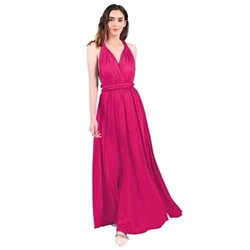 Produktbild: FYMNSI Damen Multiway Langes Abendkleid Hochzeit Brautjungfernkleid Bodenlang Party Cocktailkleid Cabrio Wickelkleid V-Ausschnitt Festkleid Rückenfrei Neckholder Maxikleid Sommer Strandkleid Rose M