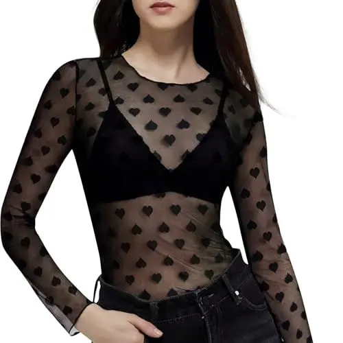 Produktbild: FYMNSI Damen Netzoberteil Sexy Transparent Netz Oberteil Mesh Sheer Oberteile Langarmshirt Casual Tops Durchsichtige Blusen T�ll T-Shirt Tunika Clubwear Party Freizeit Oktoberfest Schwarz Herz L