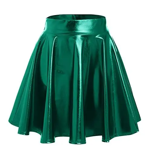 Produktbild: FYMNSI Damen PU Lederrock Minirock Metallic Glänzed Wetlook Faltenrock A-Linie Kunstleder Kurzes Rock Hohe Taille Holographic Plisseerock Skater Rave Gogo Disco Tanz Party Kostüm Clubwear Grün XXL