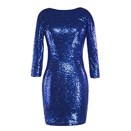 Produktbild: FYMNSI Damen Pailletten Minikleid 3/4 Arm Bodycon Partykleid Abendkleid Cocktailkleid Rockabilly Kleid Bleistiftkleid Etuikleid Glitzerndes Rundausschnitt Paillettenkleid Sexy Clubwear Blau S