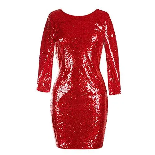 Produktbild: FYMNSI Damen Pailletten Minikleid 3/4 Arm Bodycon Partykleid Abendkleid Cocktailkleid Rockabilly Kleid Bleistiftkleid Etuikleid Glitzerndes Rundausschnitt Paillettenkleid Sexy Clubwear Rot S
