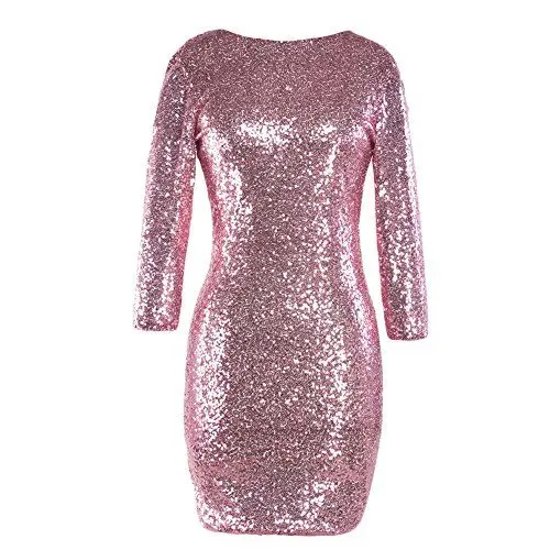 Produktbild: FYMNSI Damen Pailletten Minikleid 3/4 Arm Bodycon Partykleid Abendkleid Cocktailkleid Rockabilly Kleid Bleistiftkleid Etuikleid Glitzerndes Rundausschnitt Paillettenkleid Sexy Clubwear Rosa XL