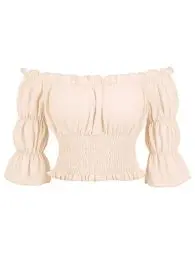 Produktbild: FYMNSI Damen Pirat Top Renaissance Bauernbluse Schulterfrei Kurzarm Gothic Lolita Boho Blusen Mittelalter Gesmokt Shirt Steampunk Rüschenbluse Wikinger Kleidung Kostüm Halloween Fasching Aprikose M