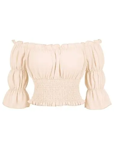 Produktbild: FYMNSI Damen Pirat Top Renaissance Bauernbluse Schulterfrei Kurzarm Gothic Lolita Boho Blusen Mittelalter Gesmokt Shirt Steampunk Rüschenbluse Wikinger Kleidung Kostüm Halloween Fasching Aprikose M