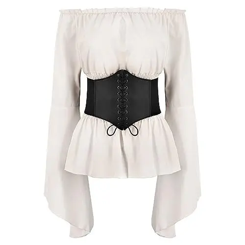 Produktbild: Damen Mittelalter Renaissance Top Gothic Steampunk Bluse Trompeten�rmel Off Shoulder Viktorianische Shirt mit Korsett Taille G�rtel Pirate Halloween Kost�m Wei� M