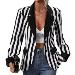 Produktbild: FYMNSI Damen Schwarz Wei� Gestreift Blazer Halloween Kost�m Fasching Party Cosplay Knopf Open Front Jacke Anzug Frauen Elegant Reverskragen Langarm Casual Business B�ro Arbeit Longblazer Schwarz XL