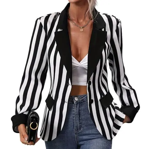 Produktbild: FYMNSI Damen Schwarz Wei� Gestreift Blazer Halloween Kost�m Fasching Party Cosplay Knopf Open Front Jacke Anzug Frauen Elegant Reverskragen Langarm Casual Business B�ro Arbeit Longblazer Schwarz XL