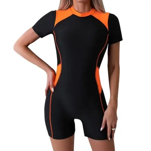 Produktbild: FYMNSI Damen Sportlicher Einteiler Badeanzug, Kurzarm Rashguard Badeanz?g mit Bein Bademode UV UPF 50+ Rei?verschluss Monokini Gepolstert Push Up Surfanzug Neoprenanzug Swimsuit Schwarz Orange XXL