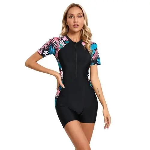 Produktbild: FYMNSI Damen Sportlicher Einteiler Badeanzug, Kurzarm Rashguard Badeanz?g mit Bein Bademode UV UPF 50+ Rei?verschluss Monokini Gepolstert Push Up Surfanzug Neoprenanzug Swimsuit Schwarz Rosa Blatt M