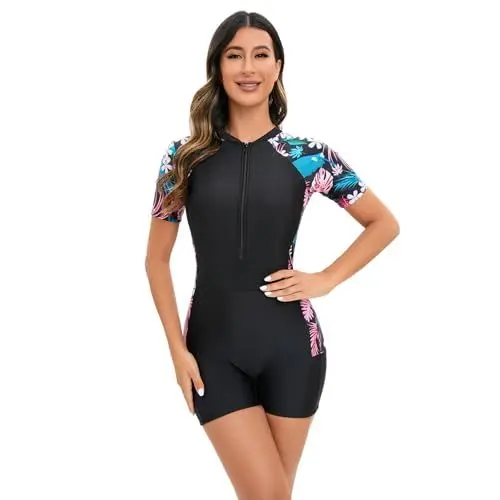Produktbild: FYMNSI Damen Sportlicher Einteiler Badeanzug, Kurzarm Rashguard Badeanz?g mit Bein Bademode UV UPF 50+ Rei?verschluss Monokini Gepolstert Push Up Surfanzug Neoprenanzug Swimsuit Schwarz + Rosa Blatt S