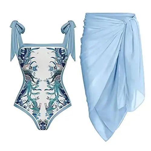 Produktbild: FYMNSI Damen Zweiteilig Badeanzug Blumen Druck Monokini Vinatge Bauchweg Rückenfrei Ruched Einteilige Bademode Swimsuit mit Strand Wrap Sarong Chiffon Wickelröcke Badekleid Schwimmrock Hellblau XL