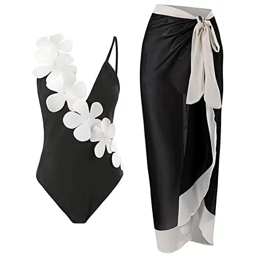 Produktbild: FYMNSI Damen Zweiteilig Badeanzug V-Ausschnitt Monokini Elegant Rüschen Bauchweg Rückenfrei Ruched Einteilige Bademode Swimsuit mit Strand Wrap Sarong Chiffon Wickelröcke Badekleid Schwarz + Weiß M