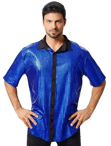 Produktbild: FYMNSI Herren 70er Disco Pailletten Hemd Gl�nzend Oberteile Metallic Kurzarm Slim Fit Button Down Shirts Mottoparty Nightclub Glitzer Shirt 80er Jahre Outfit Fasching Karneval Kost�m K�nigsblau M