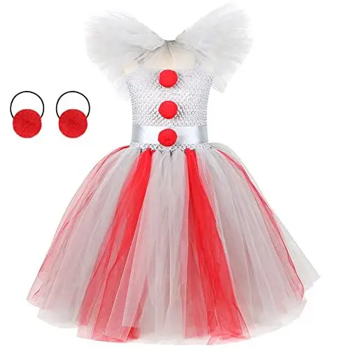 Produktbild: FYMNSI Kinder Pennywise Kost?m Halloween Cosplay Kleinkinder M?dchen Clown Costume Tutu T?ll Maxi Kleid mit Haarreifen Stephen Kings Es Horrorclown Fasching Karneval Verkleidung Grau + Rot 12 Monate