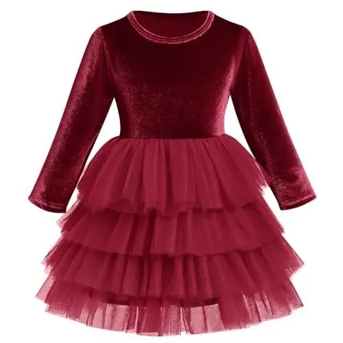 Produktbild: FYMNSI Kinder Samtkleid M?dchen Weihnachtskleid Weihnachten Partykleid Roundhals A-Linie Festliches Festkleid Prinzessin T?t? T?llkleid Freizeit Herbstkleid Winter Hochzeitskleid Weinrot 3-4 Jahre
