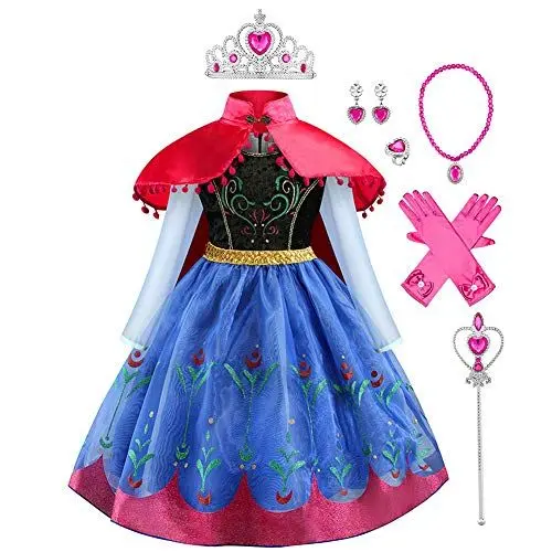 Produktbild: FYMNSI Mädchen Anna Kostüm Eiskönigin Kleid mit Umhang Zubehör Set Kinder Schneekönigin Prinzessin Cosplay Karneval Fasching Verkleidung Weihnachten Halloween Festliches Partykleid Blau 2-3 Jahre
