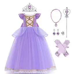 Produktbild: FYMNSI Mädchen Prinzessin Sofia Kostüm Kleid Kinder Langes Abendkleid Halloween Cosplay Weihnachten Faschingskostüme Karneval Geburtstag Partykleid Langarm Tüllkleid Ankleiden mit Zubehör 4-5 Jahre