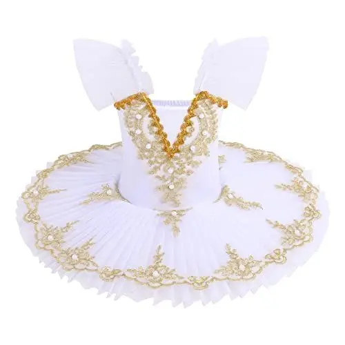 Produktbild: Ballettkleidung Mädchen Kinder Kurzarm Spitze Bestickte Ballettkleid Tanzbody Turnanzug Tüll Tutu Tanzkleid Gymnastikanzug Ballettanzug Balletttrikot Balettkleider Ballerina Kleider Weiß 5-6 Jahre