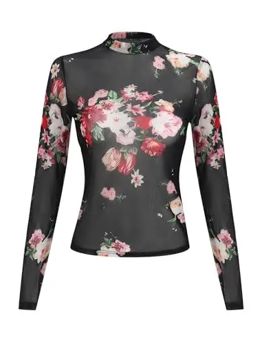 Produktbild: FYMNSI Netz Oberteil Damen Transparentes Mesh Top Blumen Blusen Rollkragen Langarm Tunika Durchsichtig Netztop T-Shirt Casual Shirts Blusenshirt Rave Outfit f�r Fasching Party Club Rosa Blumen M