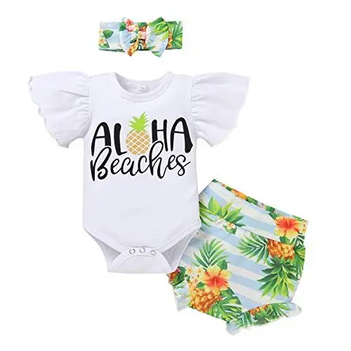 Produktbild: FYMNSI Neugeborene Baby Mädchen Sommer Outfit Baumwolle Rüschen Kurzarm Strampler Bodysuit Ananas Bedruckte Shorts Hosen Bowknot Stirnband 3 Stück Sommerkleidung Set Foto Requisiten Grün 9-12 Monate
