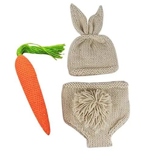 Produktbild: IWEMEK Neugeborenes Baby Fotografie Zubehör Foto Requisiten Jungen Mädchen Häschenkostüm Stricken Hasenohren Hut Shorts Karotte Shooting outfit Kaninchen Baby Born Kleidung Khaki Hase 01 Set 0-3M