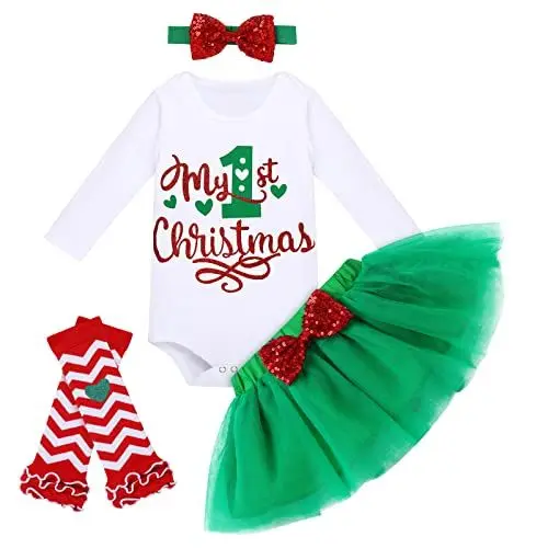 Produktbild: FYMNSI Neugeborenes Baby Mädchen Mein Erstes Weihnachtsoutfit Weihnachten Party Kleidung Baumwolle Langarm Strampler Bodysuit Prinzessin Tütü Tüll Rock Beinwärmer Stirnband 4tlg Set Grün 6-12 Monate