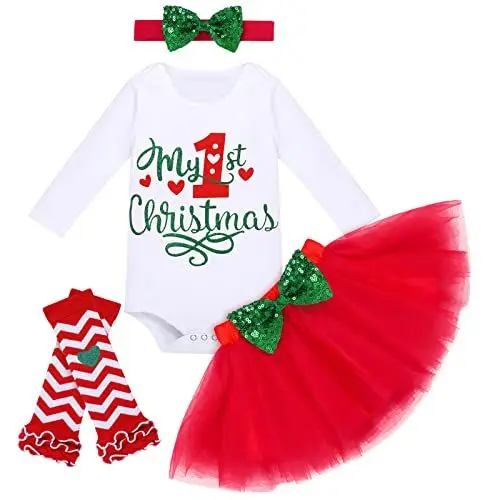 Produktbild: FYMNSI Neugeborenes Baby Mädchen Mein Erstes Weihnachtsoutfit Weihnachten Party Kleidung Baumwolle Langarm Strampler Bodysuit Prinzessin Tütü Tüll Rock Beinwärmer Stirnband 4tlg Set Rot 3-6 Monate