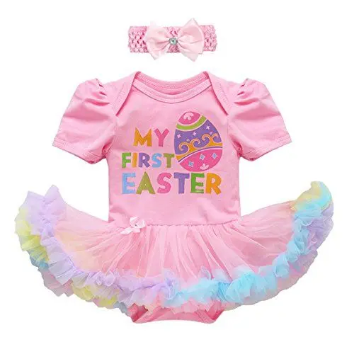Produktbild: FYMNSI Neugeborenes Baby Mädchen Mein erstes 1. Ostern Outfit Ostereier Hase Gedruckt Tütü Prinzessin Body Kleid Kurzarm Strampler Stirnband Kleinkinder Easter Party Bekleidungssets Geschenk 3-6M
