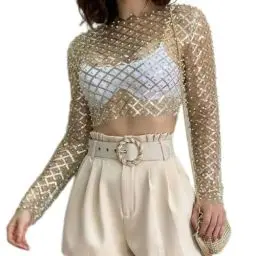 Produktbild: FYMNSI Perlen Oberteil f?r Damen, Strass Durchsichtig Netz Langarm Bauchfreies Tops Glitzer Netzoberteil Hemd Transparent Blusen Crop Top Festliches Rave Outfit Clubwear Y2K Streetwear Gold S
