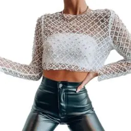 Produktbild: FYMNSI Perlen Oberteil f?r Damen, Strass Durchsichtig Netz Langarm Bauchfreies Tops Glitzer Netzoberteil Hemd Transparent Blusen Crop Top Festliches Rave Outfit Clubwear Y2K Streetwear Wei? M