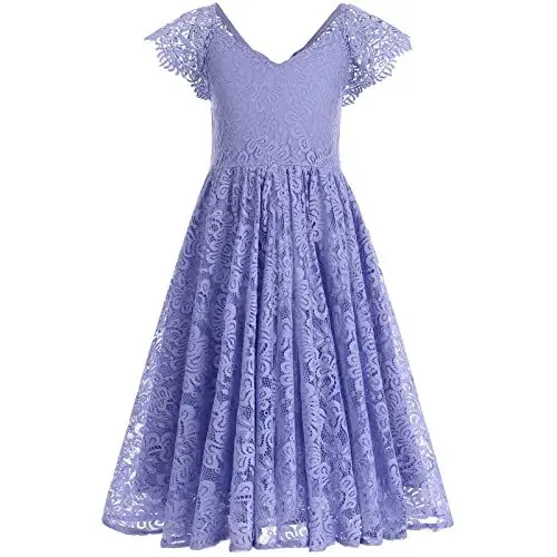 Produktbild: FYMNSI Prinzessin Kleid Mädchen Kinder Spitzenkleid Maxikleid Langes Abendkleid Erstkommunion Taufkleid Hochzeit Brautjungfer Sommer Kurzarm Rückenfrei Ballkleid Urlaub Strandkleid Violett 6-7 Jahre
