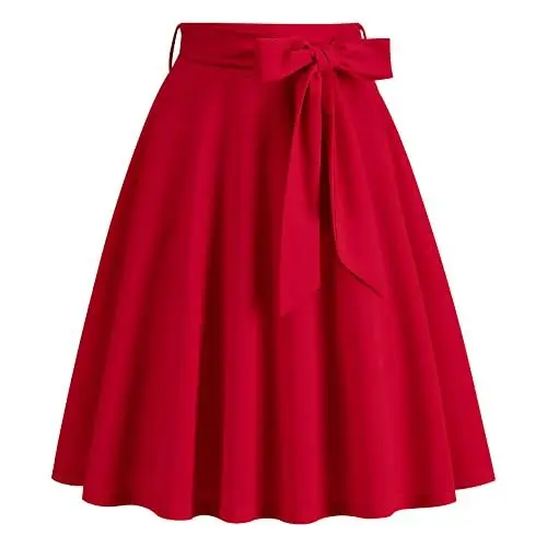 Produktbild: FYMNSI Rockabilly Rock Damen Vinatge 1950er Damenrock Sommer Knielang Retro Festliche Röck mit Gürtel Faltenrock Tellerrock Elastische Hohe Taille Swing Plissee A-Linie Glockenrock Rot XL