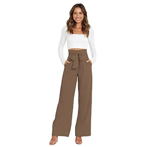 Produktbild: FYMNSI Stoffhose Damen Hohe Taille Palazzo Hose Casual Paperbag Hose Weite Beine Anzughose Elegant Leichte Elastische Taille High Waist Schleife Gürtel Business Hose mit Taschen Sommer Herbst Khaki S