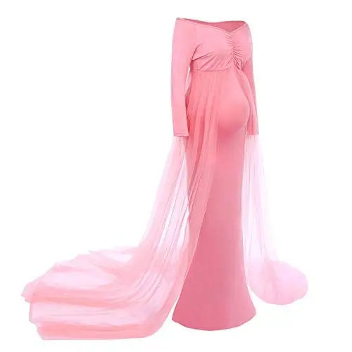 Produktbild: FYMNSI Umstandskleid Schwangere Fotoshooting Kleid Schwangerschaftskleid Fotografie Stützen Mutterschaft Schulterfreies Langarm Tüll Langes Abendkleid Damen Hochzeit Fotoshooting Umstandsmode Rosa L