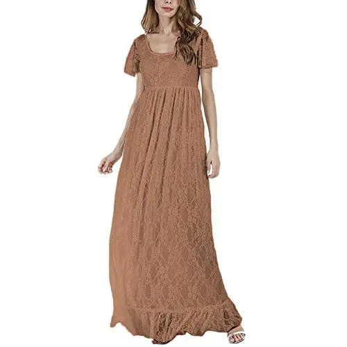 Produktbild: FYMNSI Umstandsmode Lange Spitzenkleid Umstandskleid Damen Schwangerschafts Hochzeit Partykleid Mutterschafts Foto Shoot Kleid Schwangere Fotografie Stützen Festlich Maxikleid Fotografie Kostüm Kaffee