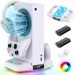 Produktbild: Ladestation für Xbox Series S Konsole, Upgrade Vertikaler Controller Ladestation Zubehör mit 15 RGB Licht, Kühler Lüftersystem, 2X 1400mAh wiederaufladbare Batterie, Headset Halter