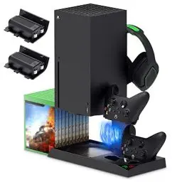 Produktbild: FYOUNG Ständer für Xbox Series X mit Lüfter Kühler und Controller Ladestation, Kühlständer und 1400mAh Wiederaufladbarem Akku Zubehör für Xbox Series X(Nicht Kompatibel mit Xbox One)