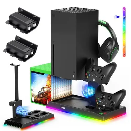 Produktbild: FYOUNG Vertikaler Ständer für Xbox Serie X mit Kühlventilator& RGB LED Lichtern, Ladestation mit Controller Ladegerät Dock &Game Storage Rack Organizer& Headset Stand mit 2 wiederaufladbarer Batterie