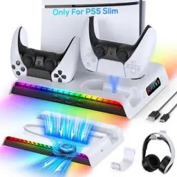 Produktbild: FYOUNG Vertikaler Standfuß für PS5 Slim Konsole mit Lüfter &Controller Ladestation, Multifunktionale Kühlung Ständer für Playstation 5 Slim Zubehör mit 9RGB Licht (Nur für PS5 Slim)