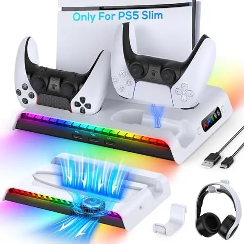 Produktbild: FYOUNG Vertikaler Standfuß für PS5 Slim Konsole mit Lüfter &Controller Ladestation, Multifunktionale Kühlung Ständer für Playstation 5 Slim Zubehör mit 9RGB Licht (Nur für PS5 Slim)