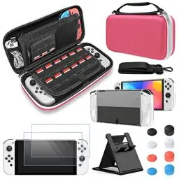 Produktbild: FYOUNG Zubehör Bundle Kompatibel mit Nintendo Switch OLED-Modell mit Tragetasche und Schutzhülle Tragbarer Tasche für Switch OLED & Hülle & Displayschutz & Joystick Kappen - Rosa