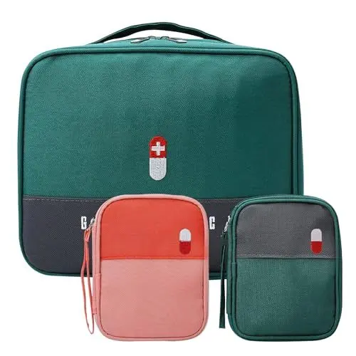 Produktbild: FYting Medikamententasche,3 Stück Reiseapotheke Tasche,Tragbare Medikamenten Aufbewahrungstasche aus Wasserdichtem Oxford Stoff, Geeignet für Schule, Reisen, Camping, Wandern (Grün + Rot)