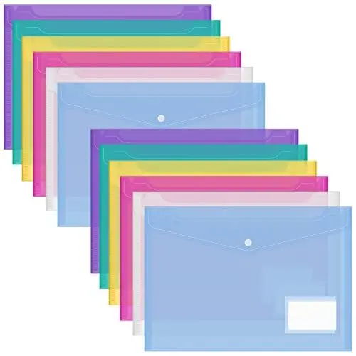 Produktbild: FYY Dokumententaschen A4 Mit Etikettentasche, Klarsichthülle Dokumentenmappe, Druckknopf Sichttasche Transparent, Dokument Organisieren für Papier, Quittungen, Hausaufgaben, Schulbüro, 12 Stück, Farbe