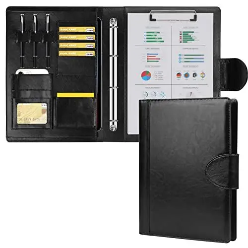 Produktbild: FYY Schreibmappe A4 Konferenzmappe, PU Leder Aktenmappe, Portfolio Mit 6 Kartenfächer, 3 Bleistifthalter, 4 Ringbuchmappe Dokumenten-Mappe für Büro, Schule und Studium (Schwarz)